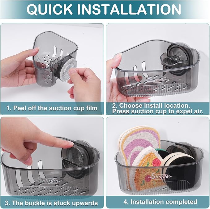 Suction Cup Sink Corner Rack,Sponge Holder with Strong Suction Cup, Kitchen Sink Organizer with Drainage Holes, Storage Rack for Bathroom, with Pizza - Shaped Sponge