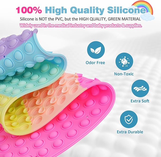 Joiyota Push Pop Bubble Bath Mat for Kids,Rainbow Large Non-Slip Silicone Tub Mat with Strong Suction Cups for Toddler,33x17.3 Inch Waterproof Shower Mat for Bathtub, Sensory Bath Pad with Drain Holes