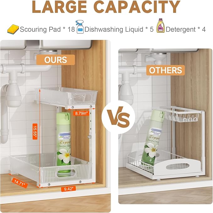 ETOYA Under Sink Organizer 2 Pack Pull Out Bathroom Cabinet Countertop Organizer 2 Tier Slide Out Kitchen Organizers and Storage Bathroom & Laundry Under Under Sink Shelf- White