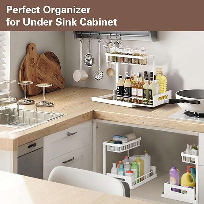 VUSIGN 2 Tier Under Sink Organizer, Slide Out Pull Out Cabinet Organizer, Cabinet Kitchen Bathroom Storage Organization Shelf, 2 Pack, White