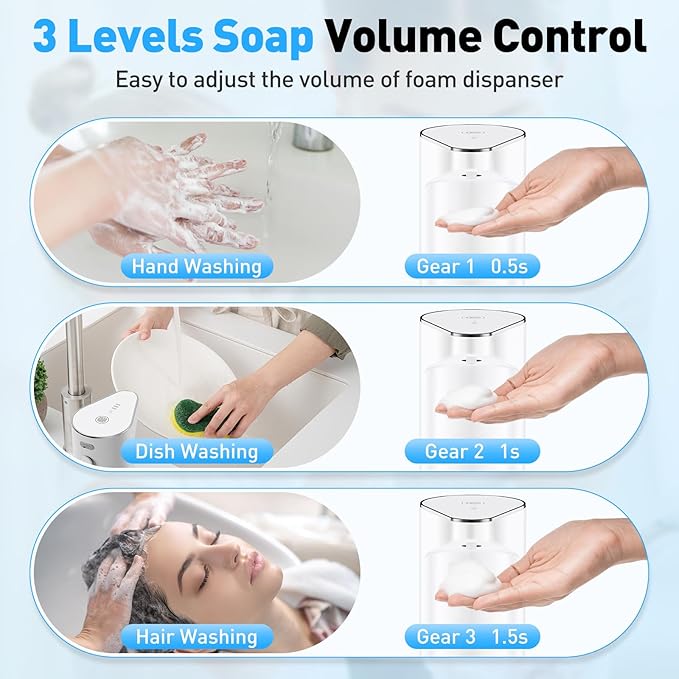 Automatic Soap Dispenser,Touchless Hand Wall Mount Rechargeable 3 Gear Adjustable Electric Soap Dispenser 350ml with Infrared Motion Sensor for Bathroom,Kitchen,Office, White Foam