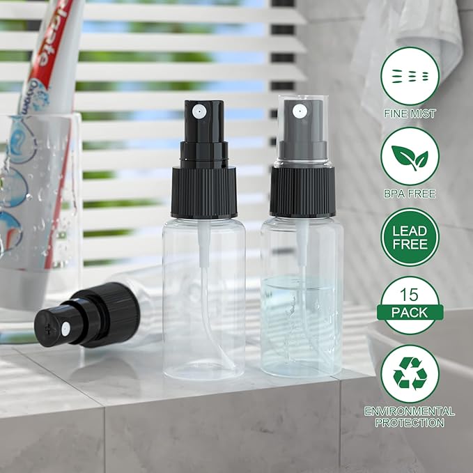 longway 15 PCS Spray Bottles, 0.5oz/15ml Transparent Empty Fine Mist Spray Bottle Dispenser with Cap, Small Refillable Liquid Containers with 1pcs Funnel and 18pcs Labels