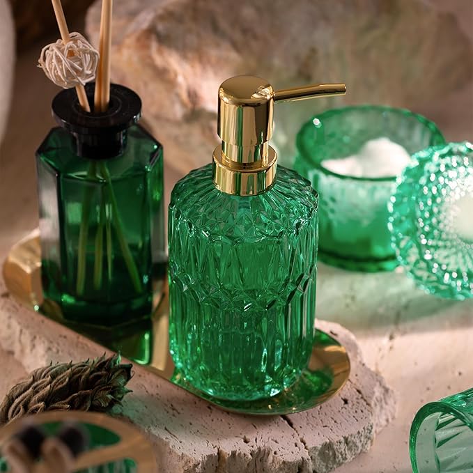 EMPO Clear Glass Soap Dispenser with ABS Plastic Pump, Crystal Lotion Dispensers for Kitchen Sink, Bathroom (Vintage Jade)