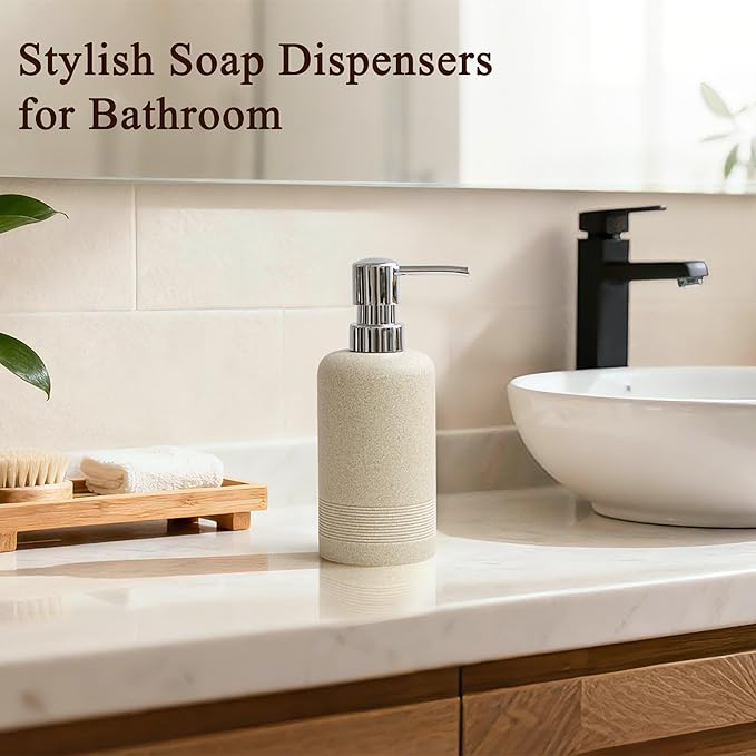 Resin Soap Dispenser Sets, 2 Pcs Heavy Lotion Dispensers,10.8oz Refillable Liquid Soap Dispensers with Rust-Proof Pump for Bathroom Countertop or Kitchen, Stone Beige