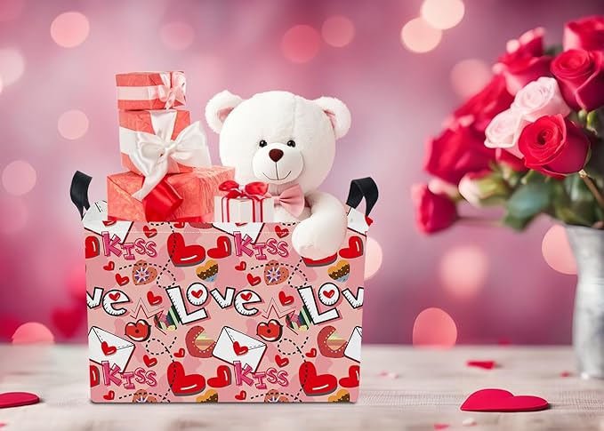 Rectangular Heart Print Storage Basket Empty,Collapsible Gift Basket with Handles,Books Box,Room Decor(Love Letter)