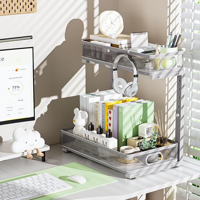 Under Sink Organizer, High Adjustable 2 Tier Under Sink Organizers and Storage, Slide Out Metal Cabinet Organizers, Pull Out Sink Storage Drawer Shelf for Kitchen Bathroom Cabinet, Grey, 1 Pack