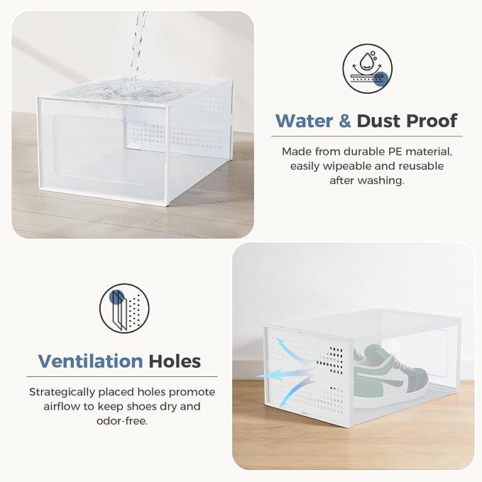 DUMOS Clear Shoe Storage Boxes, 15-Pack Plastic Stackable Shoe Containers with Lids, Display Sneaker Case Organizer for Closet, Under Bed, Entryway,White (Fit Size 11)