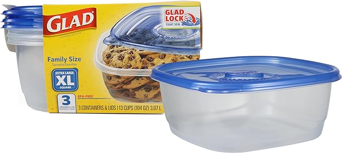 Glad GladWare XL Square Food Storage Containers, Family Size Meal Container with Lock Tight Seal for Leftovers and Meal Prep, Reusable and Dishwasher Safe, 104 Oz, 3 Count
