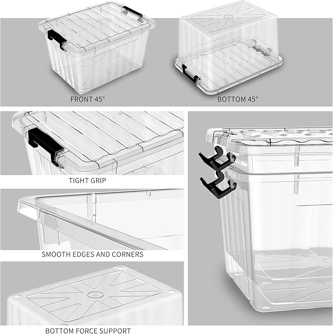 Lidded Storage Bin, Stackable Plastic Storage Box with Snap Lock Lid, Clear, 18 Quart, Pack of 6