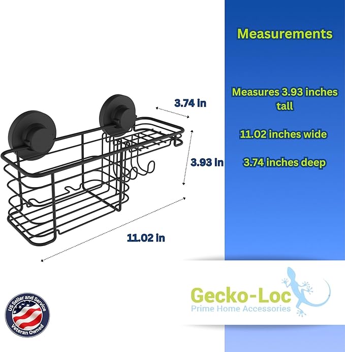 Gecko-Loc Large Combo suction cup wall mount bathroom shower caddy - shampoo storage basket shelf organizer caddie bath shelves - Black