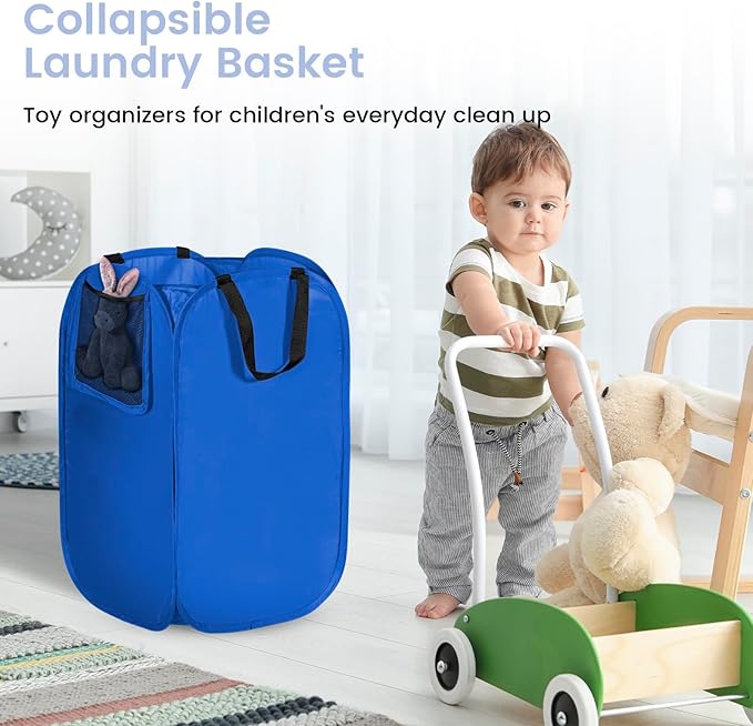 HOUSE AGAIN Upgraded Polyester Pop Up Laundry Hamper, Collapsible Laundry Baskets with Durable Handles Solid Bottom High Steel Frame and Side Pocket, Easy Open & Save space,Perfect for Storage(Blue)