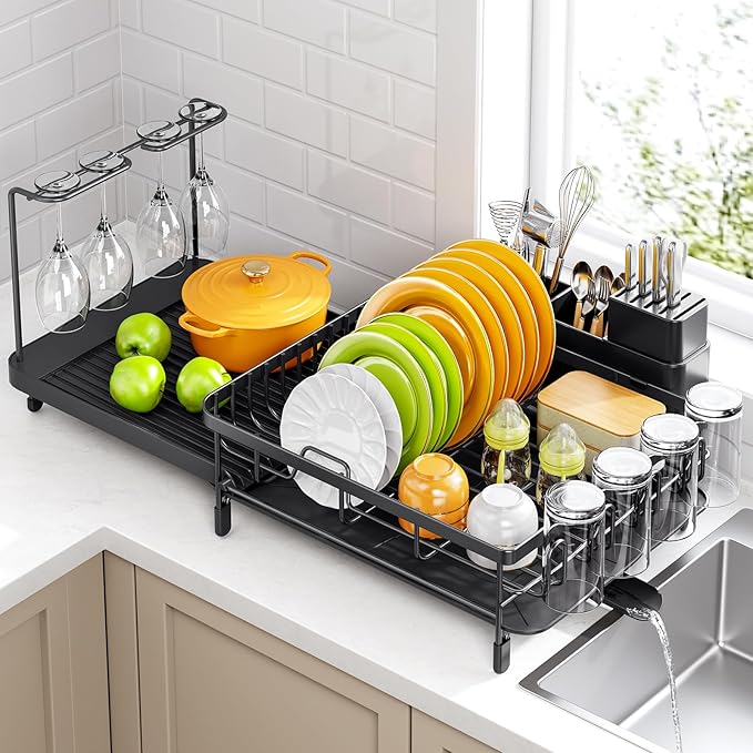 Large Dish Drying Rack – Expandable Dish Rack for Kitchen Counter, Multifunctional Dish Drainer with Cup & Wine Glass Holder, 16.2"-26" L x 17" W, Black