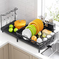 Large Dish Drying Rack – Expandable Dish Rack for Kitchen Counter, Multifunctional Dish Drainer with Cup & Wine Glass Holder, 16.2"-26" L x 17" W, Black