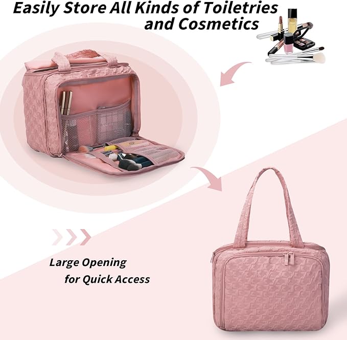 SUNRISING Travel Toiletry Bag, Lightweight Large Wide-open Travel Bag for Women, Puffy Cosmetic Makeup Bag Organizer with Handle for Accessories Essentials Toiletries - Pink