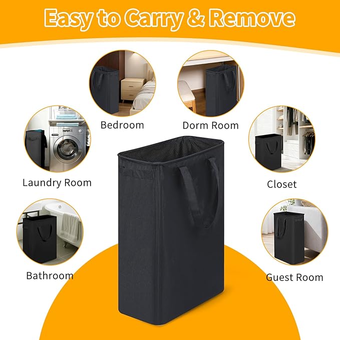 Slim Laundry Hamper, 48L Ultra Thin Collapsible Laundry Basket with Handles, Foldable Basket Laundry Bag Dirty Clothes Hamper for Bathroom Bedroom(Black)