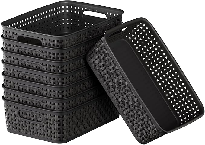 Black Plastic Basket, 8 Pack Home Organization and Storage Baskets with Handles, Space Saving Woven Organizer Bins Plastic Storage Basket for Organizing Cabinets,Closets, Shelves, Countertops