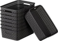 Black Plastic Basket, 8 Pack Home Organization and Storage Baskets with Handles, Space Saving Woven Organizer Bins Plastic Storage Basket for Organizing Cabinets,Closets, Shelves, Countertops