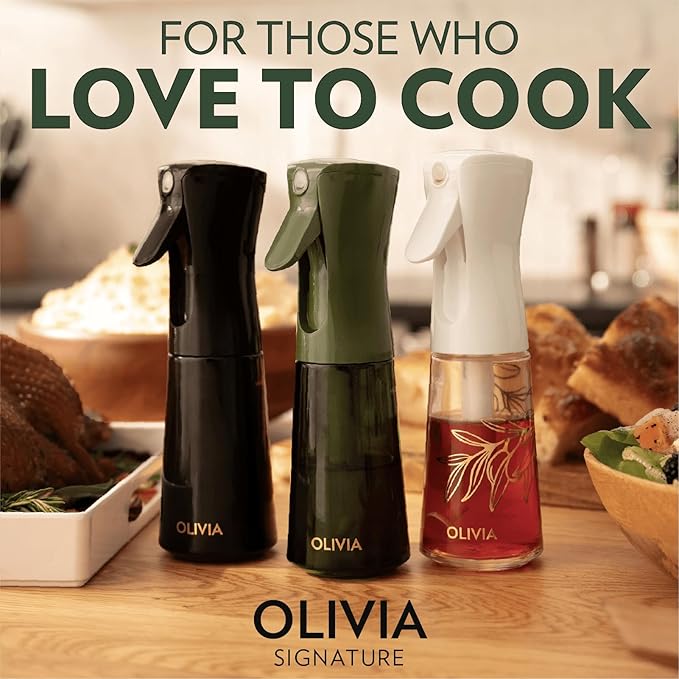 FLAIROSOL OLIVIA Oil Sprayer for Cooking, 200ml Glass Olive Oil Sprayer, Continuous Cooking Spray with Portion Control, Oil Dispenser for Kitchen, Air Fryer, Salad, BBQ (Green Bottle, Gold Print)