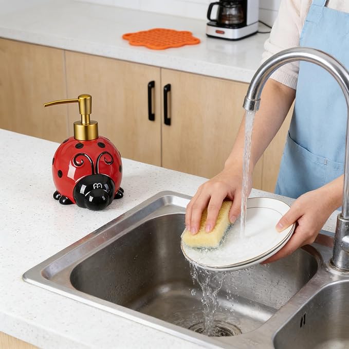 17 OZ Ladybug Ceramic Soap Dispenser with ABS Pump,Refillable Liquid Bathroom soap Dispenser for Lotion ,Body Wash ,Cute Kitchen Soap Dispenser for Dish Soap,Hand Soap