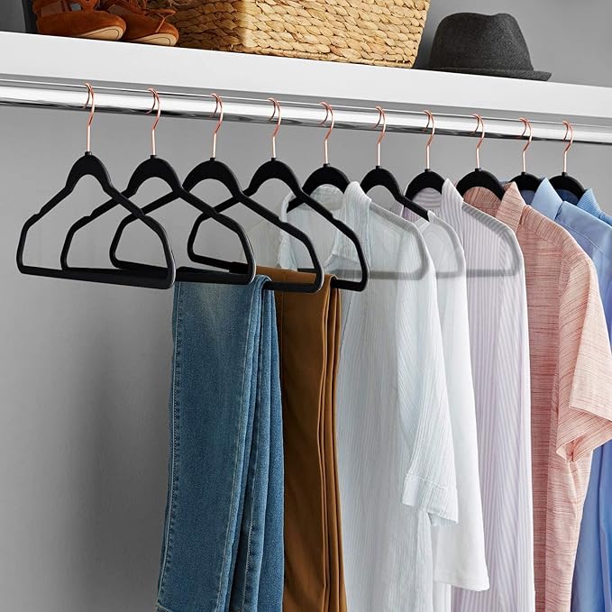 VECELO Premium Velvet Clothes Hangers Suit Heavy Duty (50 Pack)-Non Slip & Space-Saving with 6 Finger Clips & Tie Rack Excellent for Men and Women,Dark Black