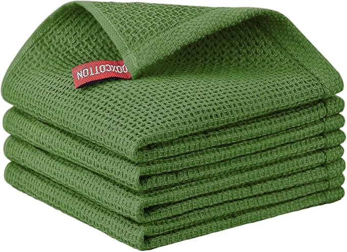 Nialnant 100% Cotton Dish Cloths for Washing Dishes, 4 Pack Waffle Weave Dish Towels,Super Soft Absorbent Cleaning Rags-Green,12x12 Inch