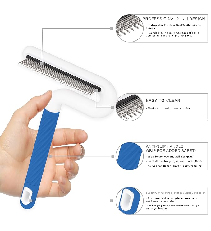 Flea Comb,TailGurus Pet Flea Comb for Dogs & Cats - Grooming Tool with Long & Short Steel Teeth, Safely Removes Tangles and Knots, Gentle Detangling Brush for Pet Hair (TG2042)(Blue)