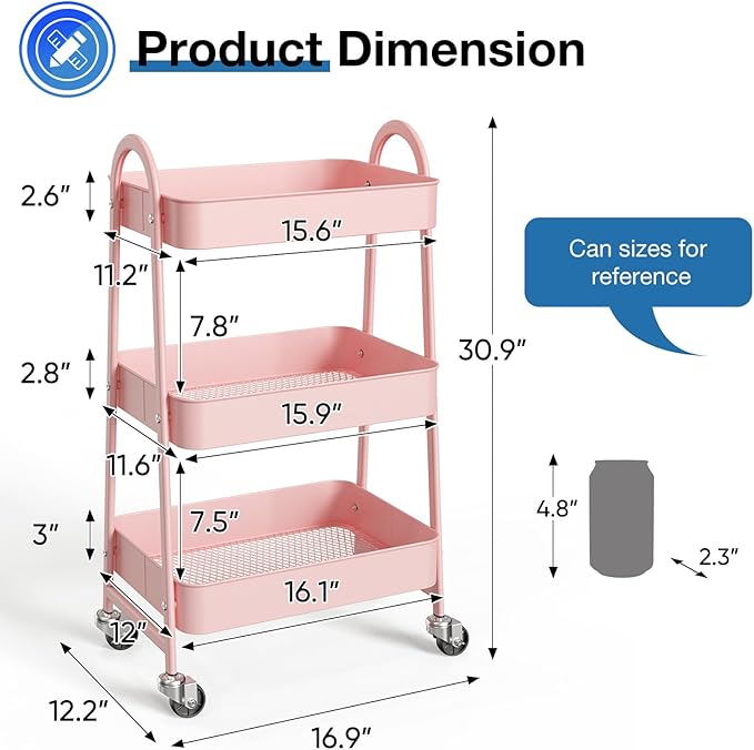 OLIXIS 3 Tier Utility Rolling Cart, Metal Mobile Storage Shelf with Lockable Caster Wheels, Organization for Livingroom, Bathroom & Narrow Places, Pink