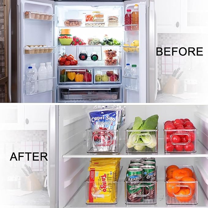 Set of 6 Refrigerator Pantry Organizer Bins - Stackable Fridge Organizers with Handles for Pantry, Freezer, Kitchen, Countertops, Cabinets - Clear Plastic Food Storage Bins