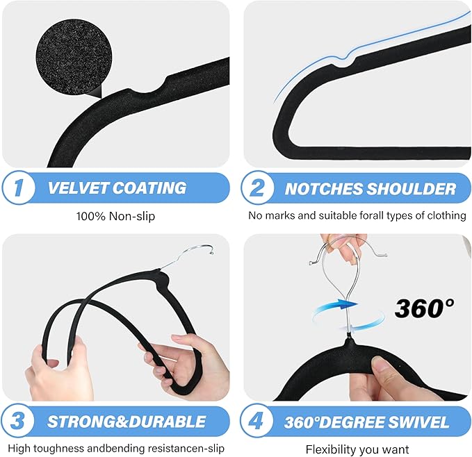 YSSOA Velvet Hangers 60 Pack, Non-Slip Clothes Hangers with Shoulder Notches, 360° Swivel Hooks, Heavy Duty Standard Hangers for Closet Space Saving, Black