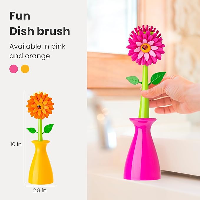 Vigar Flower Power Dish Brush with Handle and Vase Dish Brush Holder, Kitchen Scrub Brush for Pot Scrubber, Dishes, and Sink Cleaning, Pink, Green