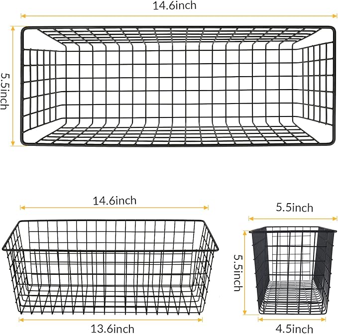 2 Sets Extra Large Hanging Wall Basket, Black Metal Wire Baskets with Steel Hooks for Organizing, WallmountedFruit Vegetable Toy Snack Storage, Home Kitchen Bathroom Laundry Pantry Organizer