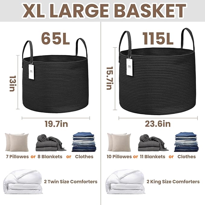 65L Extra Large Blanket Basket for Living Room - Woven Cotton Rope Laundry Hamper with Reinforced Handles - Storage Bin for Pillows, Comforters & Toys - Machine Washable,Black