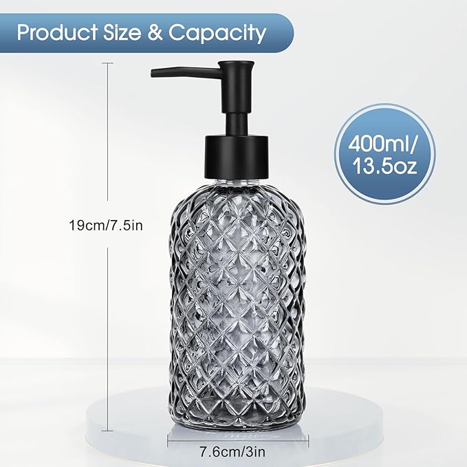 2 Pack Gem Glass Soap Dispenser with Black Plastic Pump, 13oz Liquid Hand Soap Dispenser, Rustproof Pump for Kitchen & Bathroom, Great for Lotions, Essential Oil, Liquid Soaps-Gray