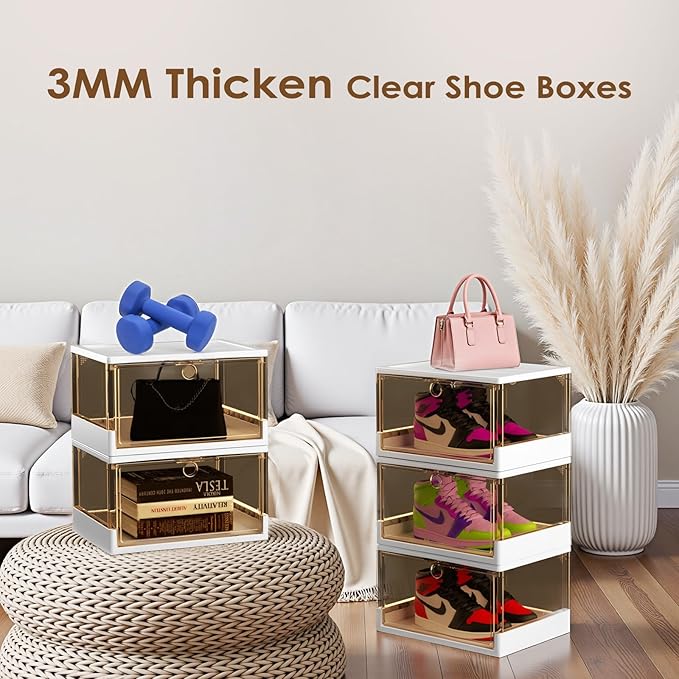Thicken & Sturdy Clear Shoe Boxes with Magnetic Door, 3 Pack Stackable Multi-functional Shoe Storage, Shoe Organizer for Closet, Space Saving, 360 ° Dustproof & Moisture-proof, Fits Up to US Size 13