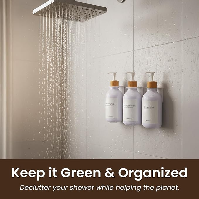 MaisoNovo Shampoo and Conditioner Dispenser - Shower Soap Dispenser Wall Mounted - 16.9 fl oz Set of 3 White Plastic Bottles Bamboo Pump - 3 Chamber No Drill