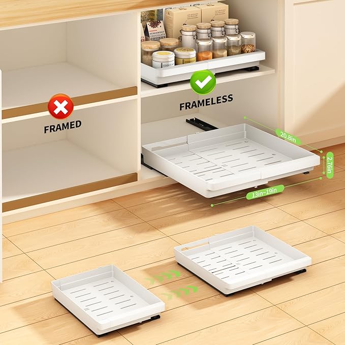 2 Pack Pull Out Cabinet Organizers Expandable (13''-19''), Plastic Slide Out Drawers for Kitchen, Bathroom, Pantry, Under Sink Storage, Pull Out Drawers Fixed with Adhesive Nano Film (White)