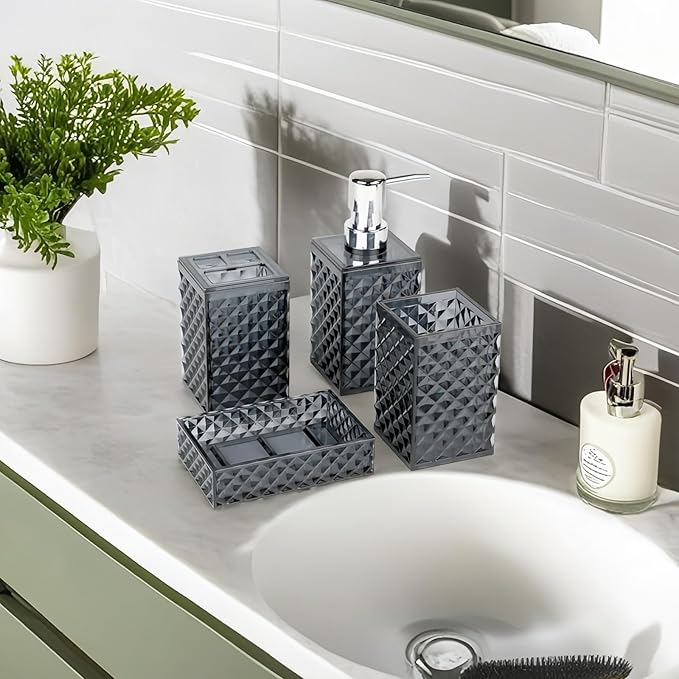 Bathroom Accessories Set, 4 PCS Grey Bathroom Accessory Sets Complete, Diamond Pattern Soap Dispenser and Toothbrush Holder Set,Boho Bathroom Decor, Dark Grey Bathroom Sets Accessories