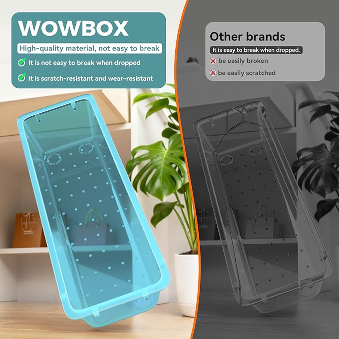 WOWBOX 44 PCS Clear Plastic Drawer Organizer Set, 6 Varied Size storage Bins and Desk Drawer Organizer Trays for Makeup, Gadgets, Jewelry and Utensils in Bathroom, Bedroom and Office, Clear Sea Blue