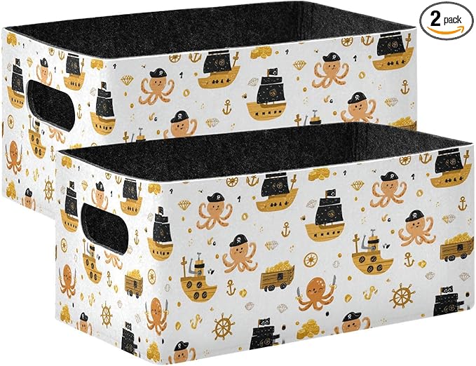 Closet Storage Bins 2 Pcs Felt Open Home Storage Containers Organizer with Handles Collapsible Shelf Basket for Home Office Craft Room Classroom Fabric Gold Pirate Octopuses Sailbat