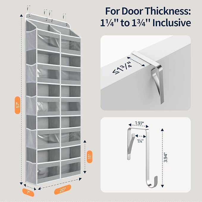 Yecaye 5-Tier Over The Door Organizer Dual-Column, 80lbs Load Extra Large Over The Door Storage of 10 Compartments, Heavy Duty Door Organizer Hanging for Bedroom Closet Dorm Bathroom Pantry, Gray