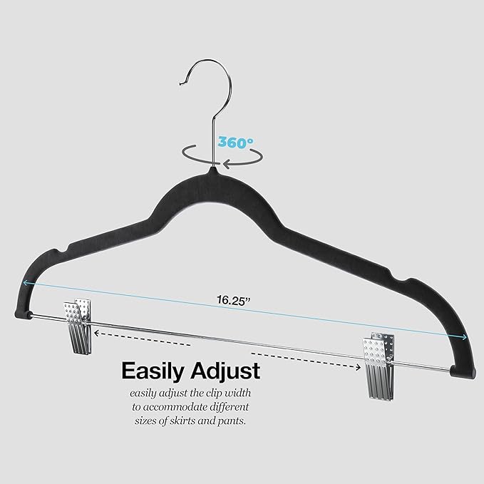 Home-it Pants Hangers With Clips 10 Pack - Black Velvet Non Slip Space-Saving for Pants, Skirts, Coats, Dresses, Tank Tops, Clothes - Felt Ultra Thin