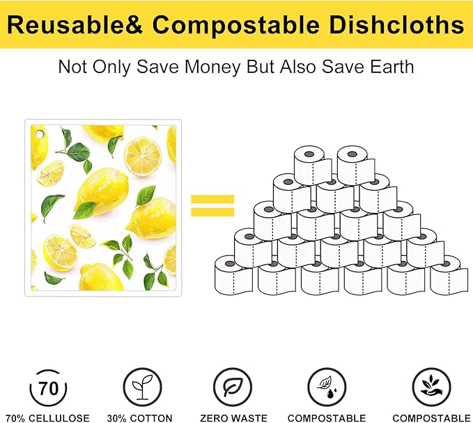 6 Pack Swedish Dishcloths for Kitchen - Reusable Dish Paper Towels Wash Cloths Washable,Absorbent Cellulose Cleaning Sponge Cloth Wipes Quick Dry, Decorative Tea Towels,No Odor Biodegradable(Lemon)