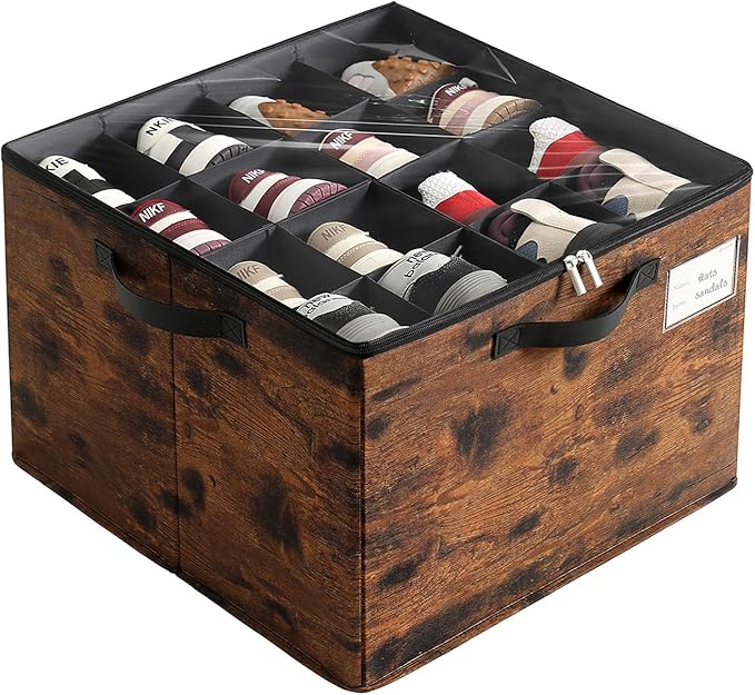 Varhomax Shoe Organizer Box for Closet, Fabric Shoe Storage Bin with Adjustable Dividers & Clear Cover, Holds up 16-32 Pairs of Sneakers & Sandals for Entryway, Cubby (Rust Brown)