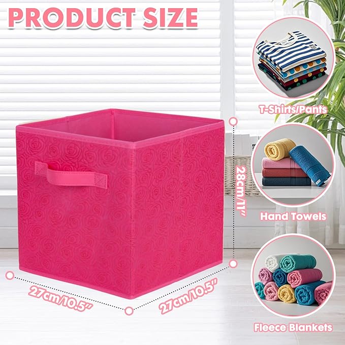 ShellKingdom Storage Bins, Foldable Fabric Storage Cubes with 3D Embossed Rose Pattern, Cloth Organizer Drawer For Closet And Toys, 10.5 X 10.5 X 11 inch, 2 Pack (Fuchsia)