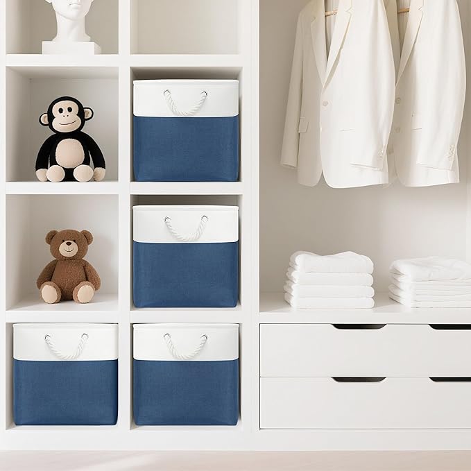 13x13 Inch Cube Storage Bins with Reinforced Bottom Cardboard, 6 Pack Large Foldable Fabric Storage Cubes with Handles for Shelf, Closet, Laundry Organization (White&Navy Blue)