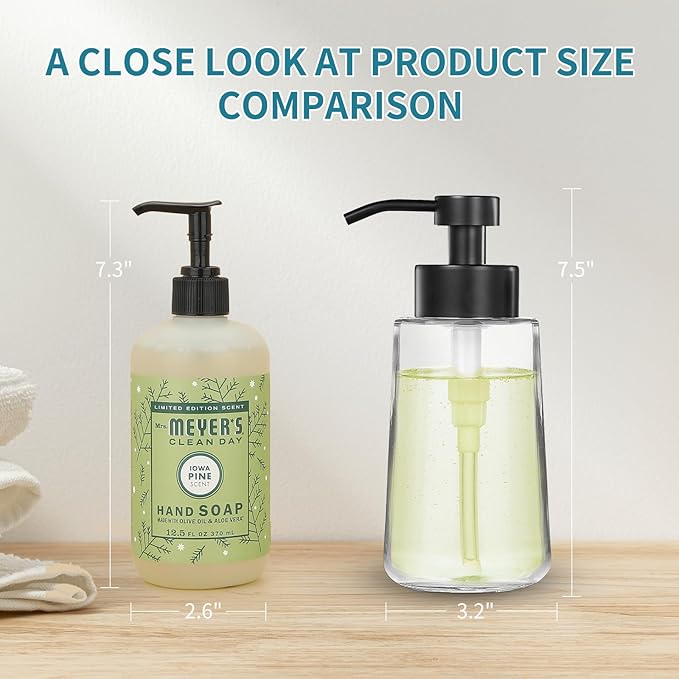 Doiliese Soap Dispenser, Clear Glass Soap Dispenser with Rust Proof Pump, 16oz Liquid Soap Pump with Waterproof Labels, Dish & Hand Soap for Bathroom, Kitchen, Matte Black, Pack of 2