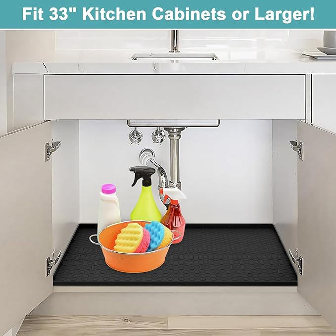 Under Sink Mats for Kitchen Waterproof 31" x 22", Silicone Under Sink Mat and Protectors, Under The Sink Organizer for Kitchen and Bathroom Black