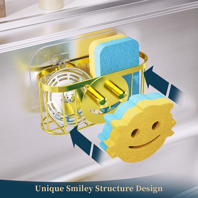 Consumest Sponge Holder Smiley Face - Kitchen Sink Caddy, Sink Organizer with Removable Suction Cups & Adhesive Strips, Suit for Sponge, Soap,Gold