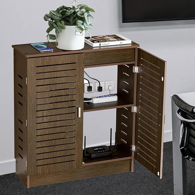 WiFi Router Storage Cabinet, PVC Floor Standing Router Storage Box Modem, Power Strip and Cable Management Hider Organizer for Home and Office (Walnut)
