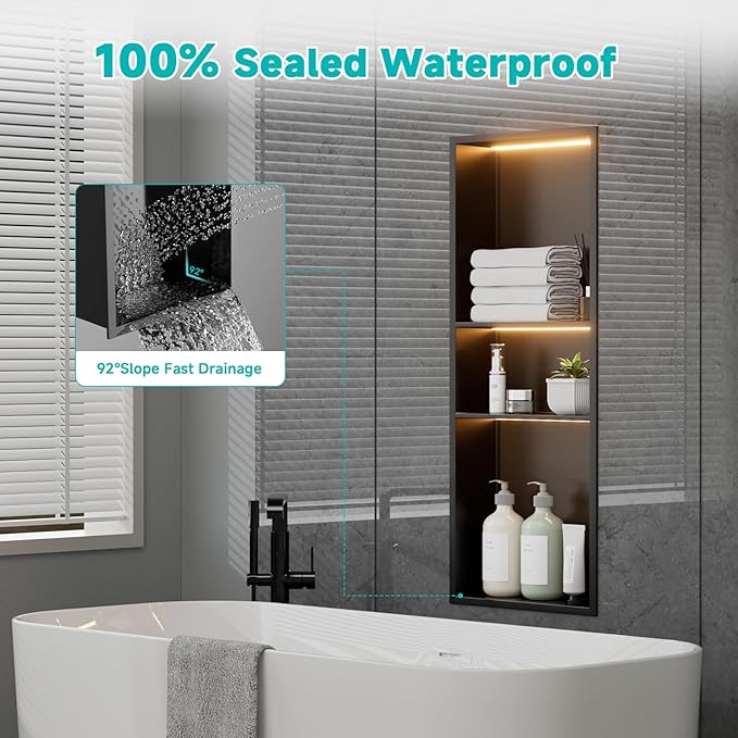 TSIBOMU Black Stainless Steel Shower Niche with LED Lights 12" x 30" – Recessed Shower Shelf with 3-Tier Storage, Waterproof & Rustproof Bathroom Wall Niche